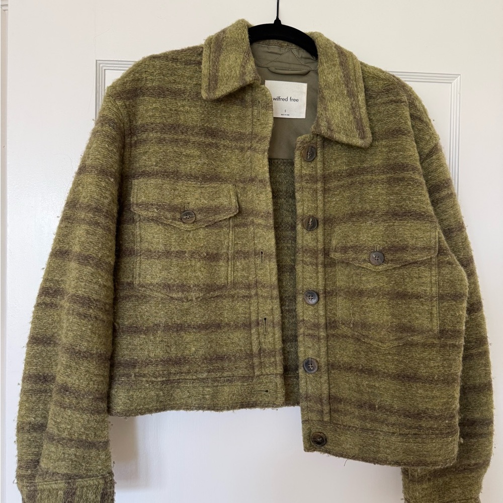Aritzia Wilfred Free Green Striped Wool Blend Cropped Jacket S